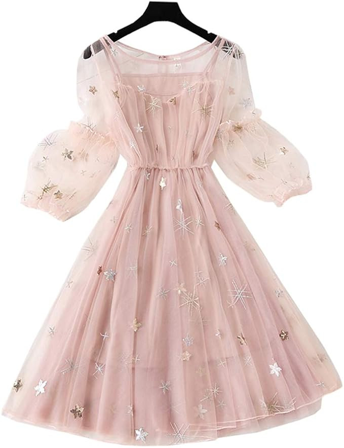 YM YOUMU Women Metallic Shiny Sea Star Pattern Chiffon Tulle A-Line Dress with Slip Dress | Amazon (US)