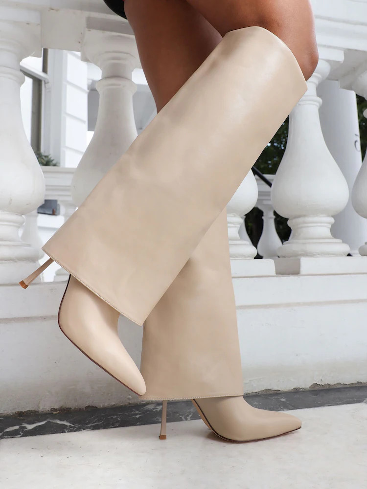 Simmi London Cream Saoirse Knee-High Fold Over Heeled Boots | Next US