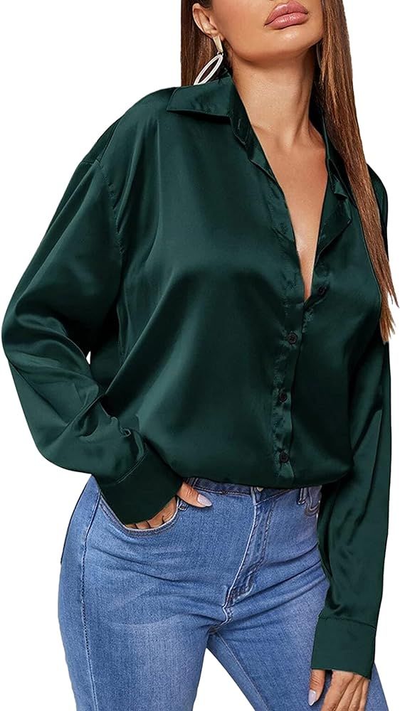 Chigant Women's Satin Silk Blouses Long Sleeve Button Down Shirts Casual Tunic Top Dark Green at ... | Amazon (US)