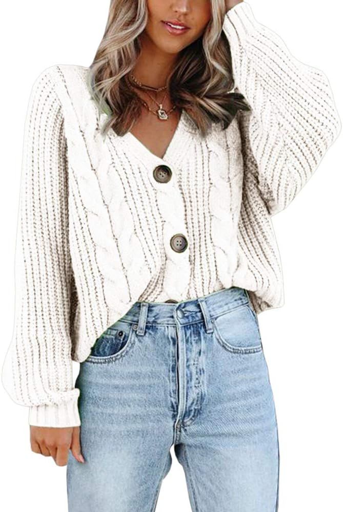 Womens V Neck Button Down Cropped Cardigans Chunky Cable Knit Long Sleeve Sweater Tops Outwear | Amazon (US)