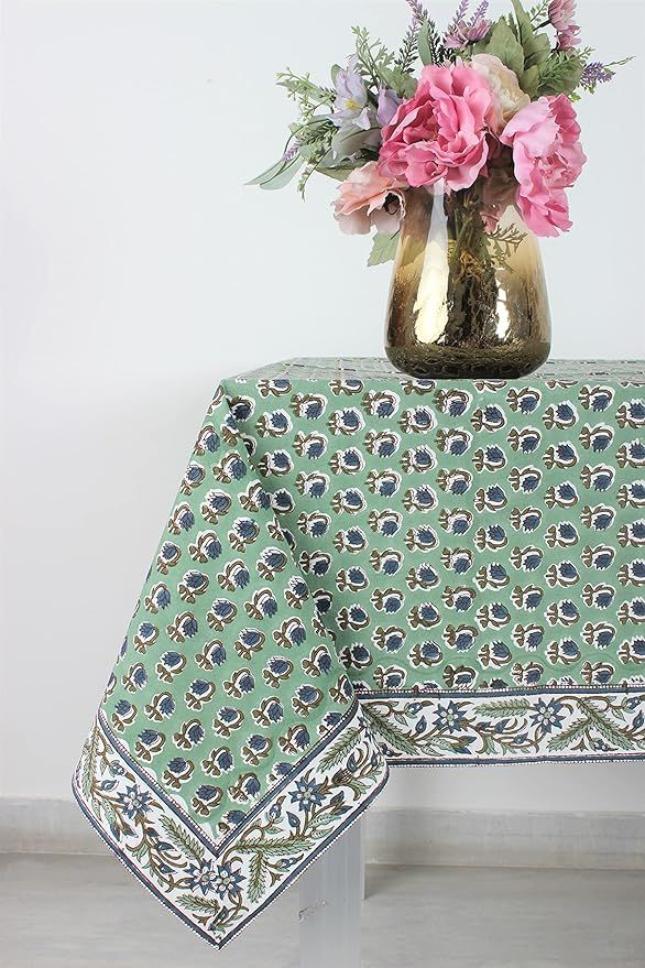 Ridhi Basil Green 60x60 Inches Square 100% Cotton Hand Block Print Tablecloth Washable Halloween ... | Amazon (US)
