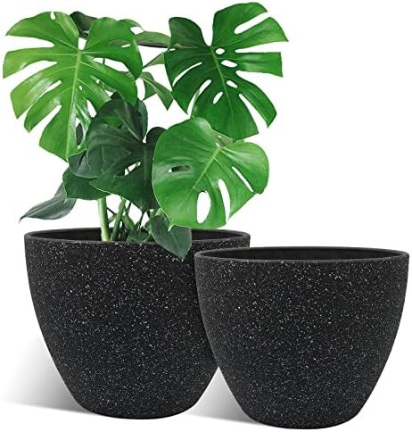 14-inch Round Planter, Plastic Plant Pot for Indoor and Outdoor Flower, Set of 2, Black - Yardlab | Amazon (CA)