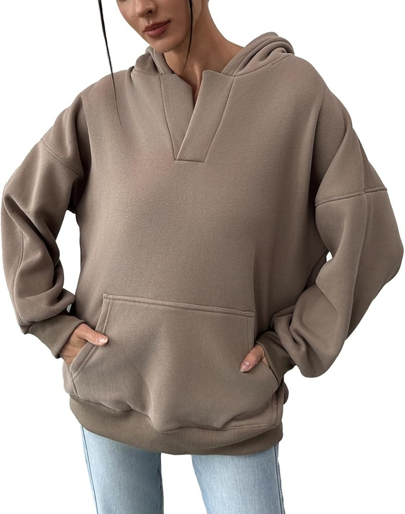 PAODIKUAI Women's Oversized Hoodies V Neck Pullover Fleece Sweatshirt Long Sleeve with Pocket Cas... | Amazon (US)