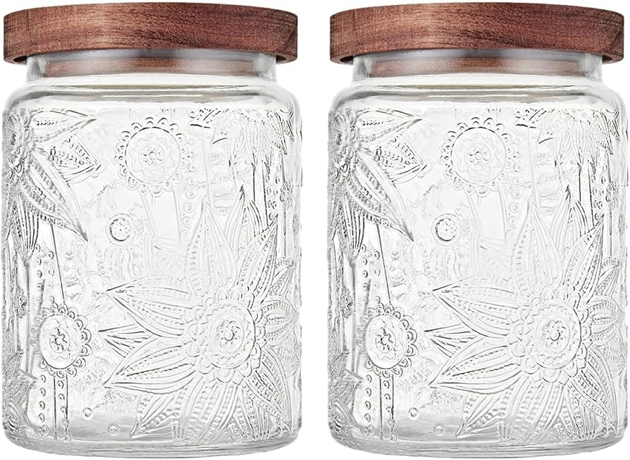 Glass Storage Jars With Airtight Lid, 23.7oz Container For Kitchen Counter with Wooden Lid, brown... | Amazon (US)