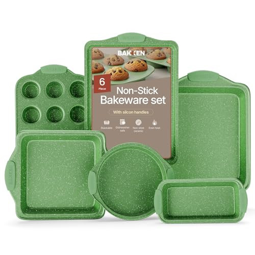 BAKKEN Kitchen Baking Pan Set - Nonstick Green Marble Coating, Carbon Steel Bakeware Sets with Green Silicone Handles, Kitchen Essentials, PFOA, PFOS, PTFE Free, Oven Safe (Up To 450° F), Set of 6 | Amazon (US)
