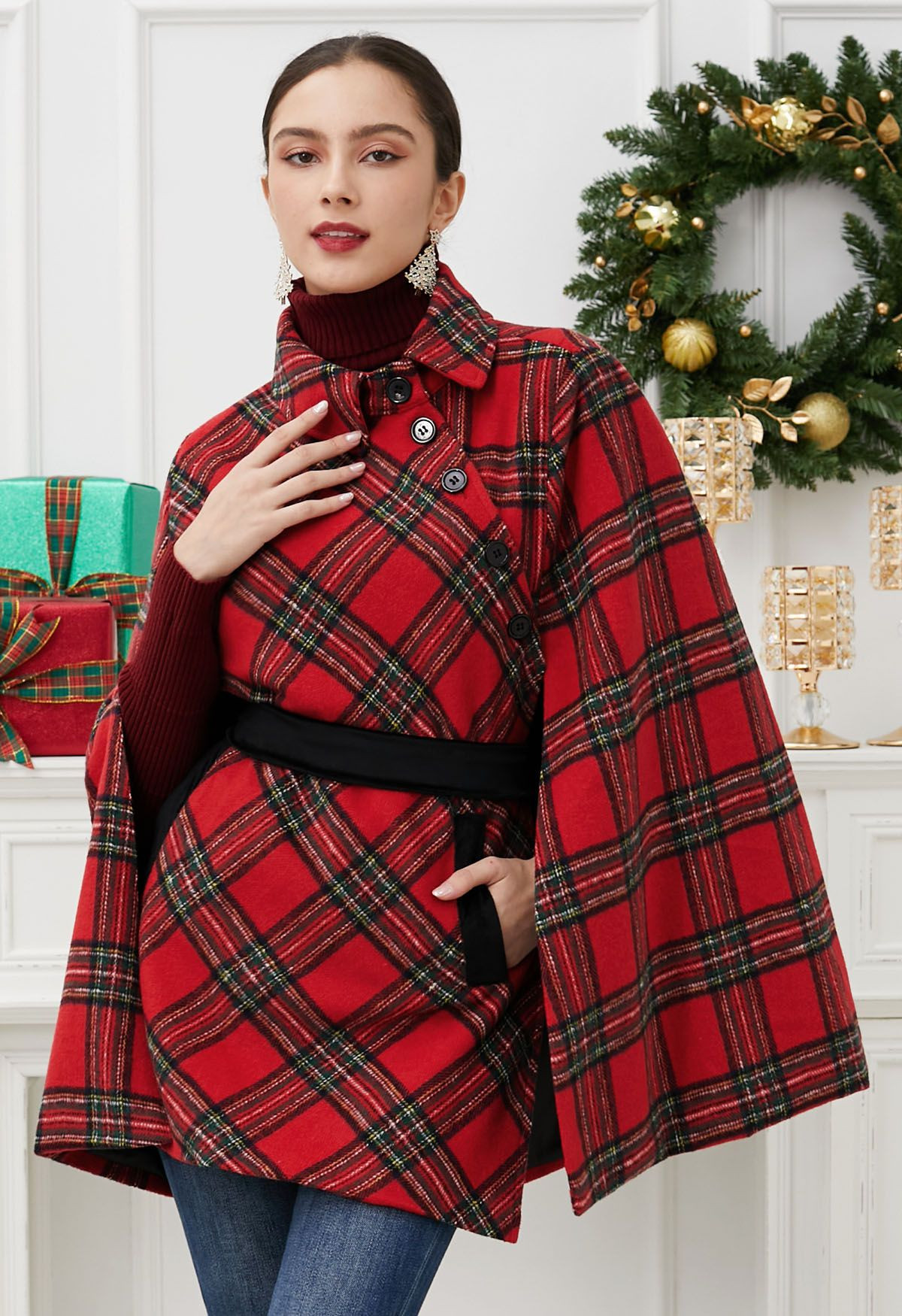 Button Wrap Tie Sash Tartan Cape Coat in Red | Chicwish