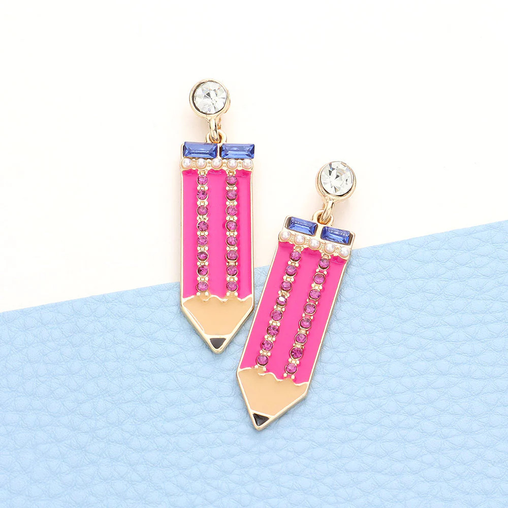 Rhinestone Embellished Enamel Pencil Dangle Earrings - Fuchsia | Shop Simon