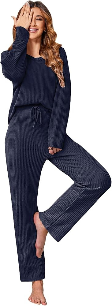 Ekouaer Women's Waffle Knit Pajama Sets Comfy Long Sleeve Lounge Sets 2 Piece Matching Pj Sets wi... | Amazon (US)