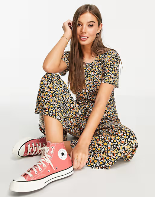 Wednesday's Girl relaxed belted jumpsuit with wide leg in black floral | ASOS (Global)