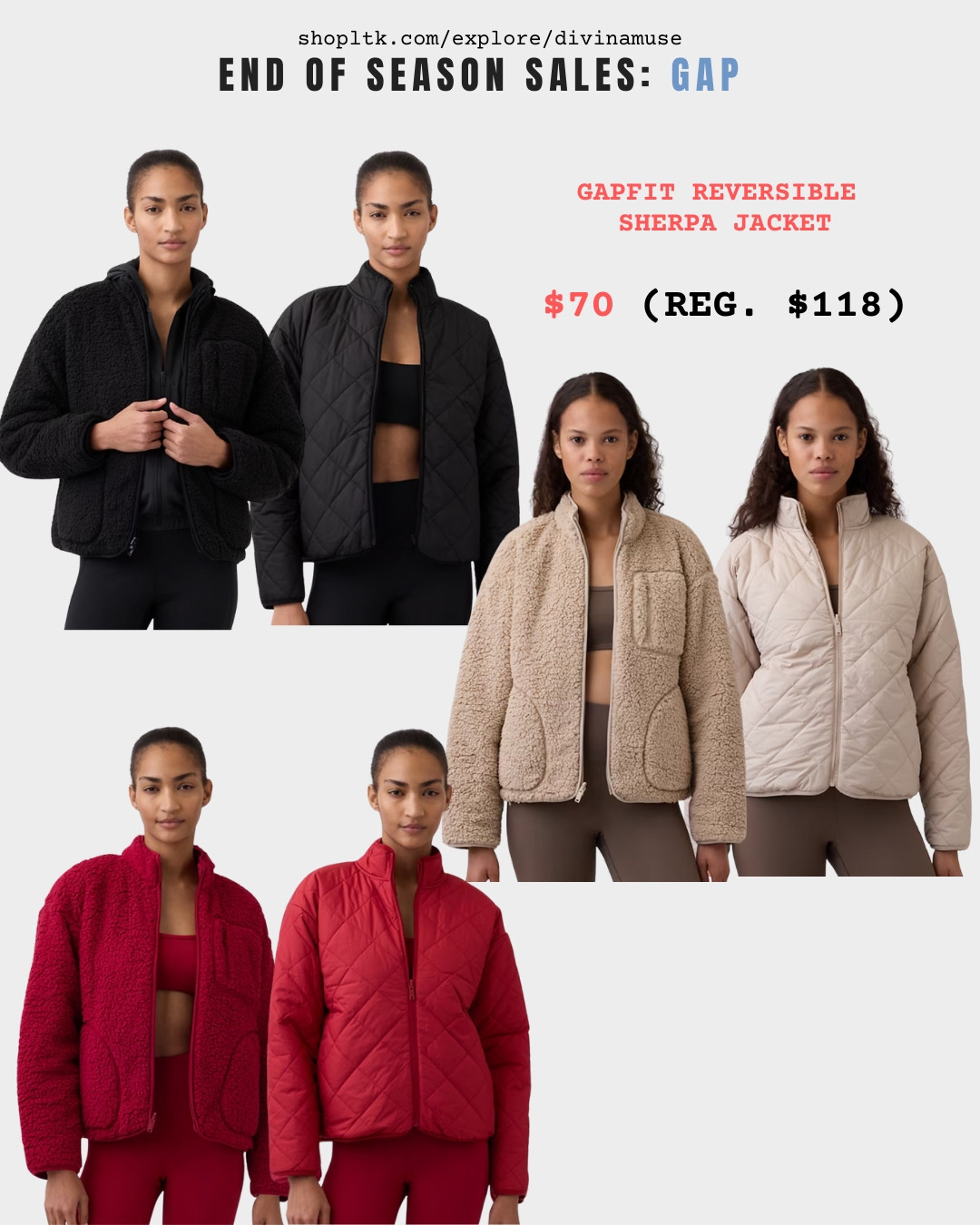 GapFit Reversible Sherpa Jacket ❄️ Selling out fast! 
Comes in regular/tall in colors beige, red, black. 
* soft sherpa 
* Water-repellent quilted knit, relaxed fit 
* zip pockets at chest, side pockets on sherpa side 
* recycled materials to reduce waste 
#sherpajackets #teddyjackets #salejackets #salefinds  

 #LTKSaleAlert #LTKTall #LTKFindsUnder100