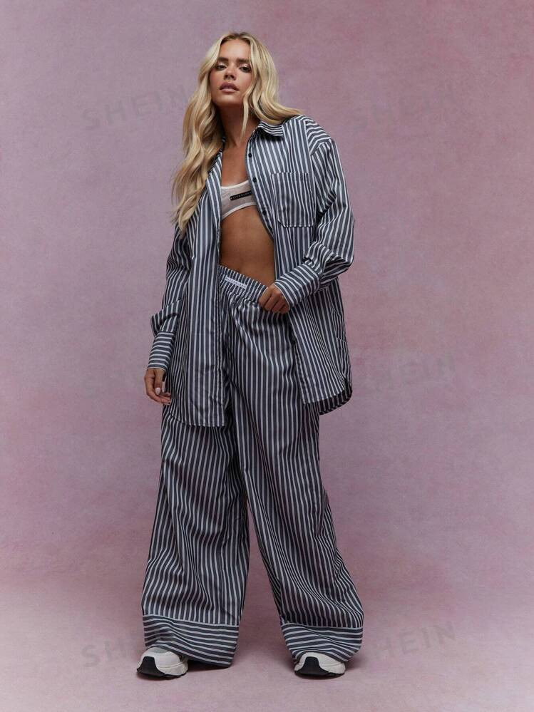 MISSGUIDED Striped Long Shirt And Wide Leg Pajama Pants Two Piece Co-Ord Set | SHEIN