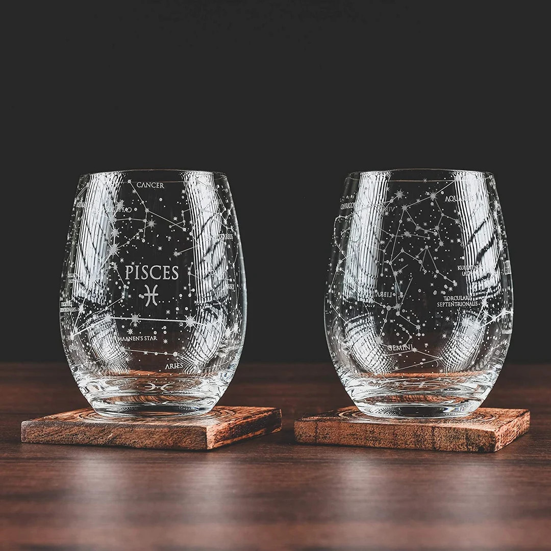Pisces Stemless Wine Glasses Zodiac Pisces Set astrology Sign Glassware Hand Etched 15 Oz set of ... | Etsy (US)