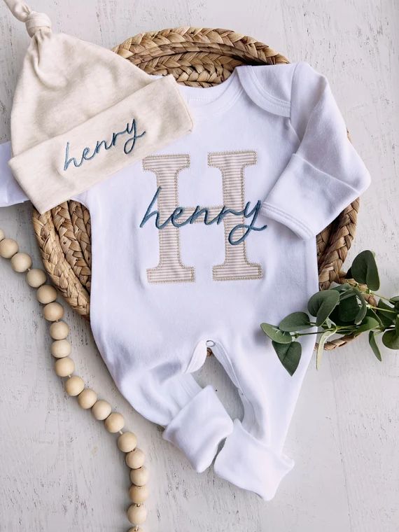 Personalized Neutral Baby Romper and Hat Set Custom Infant - Etsy | Etsy (US)