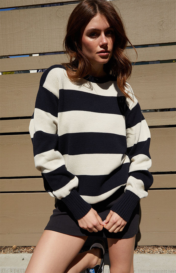 John Galt Women's Navy & Cream Striped Brianna Sweater in White/Black | PacSun
