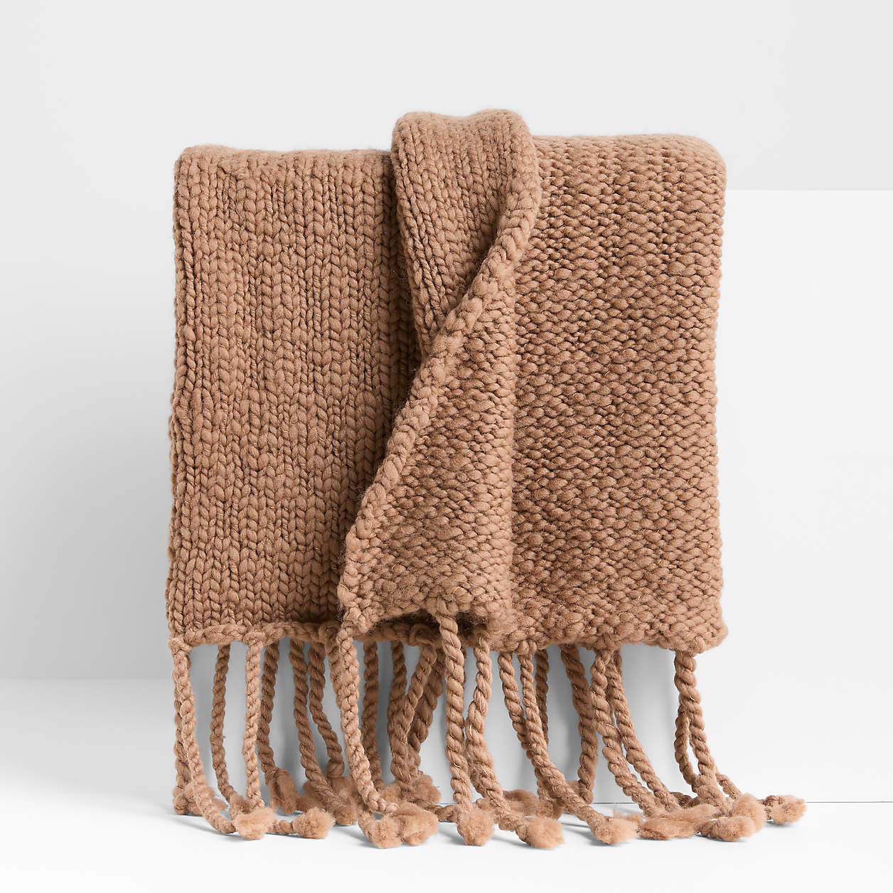Chunky Wool Fringe Knit 70"x55" Camel Tan Throw Blanket + Reviews | Crate & Barrel | Crate & Barrel
