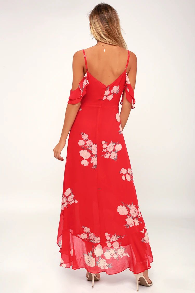 Love in Bloom Red Floral Print Off-the-Shoulder High-Low Dress | Lulus (US)