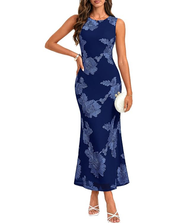 GRACE KARIN Women's Summer Floral Wedding Guest Dresses 2026 Sleeveless Mesh Bodycon Maxi Dress C... | Amazon (US)