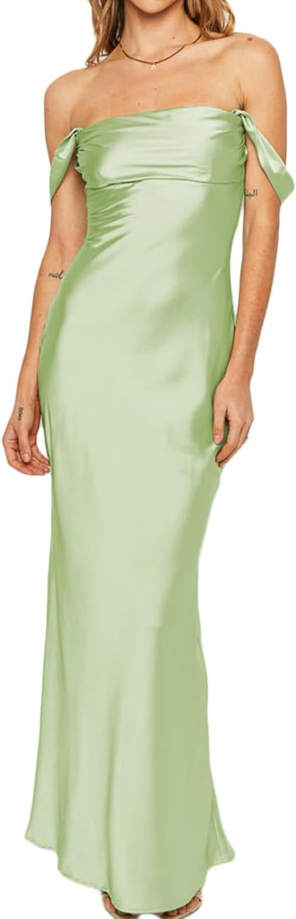 Elegant Satin Off The Shoulder Ruched Backless Maxi Dress for Women Strapless Tube Sleeveless Fit... | Amazon (US)
