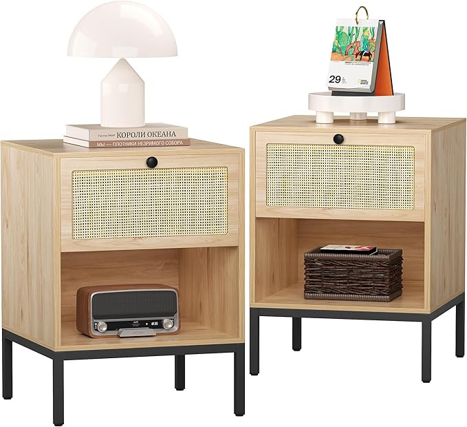 Rattan Nightstand Set of 2, Bedside Table with Handmade Natural Rattan Decorative Door, Rattan Si... | Amazon (US)