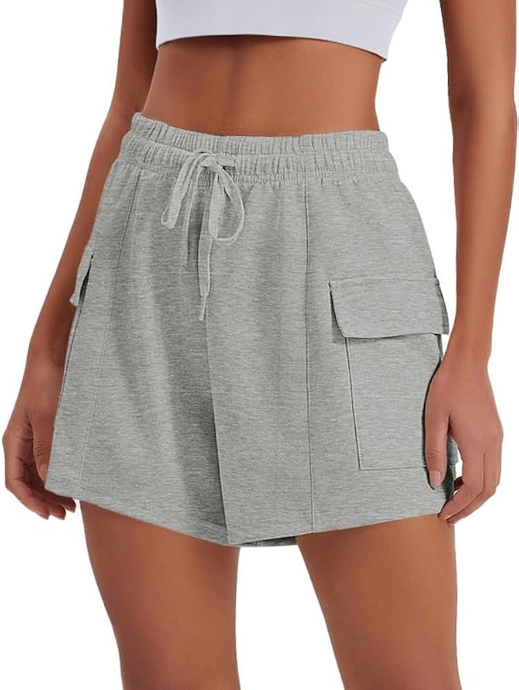 PINSPARK Sweat Shorts Women Comfy Casual Athletic Short Lounge Cargo Shorts High Waisted Drawstri... | Amazon (US)