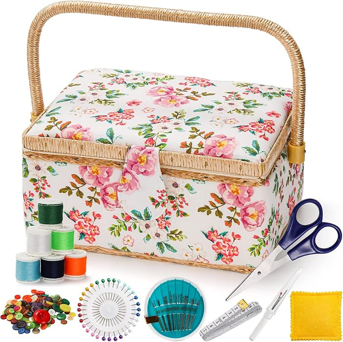 ZOOFOX Sewing Basket with Accessories, Wooden Sewing Kit Storage Box with Removable Tray, Vintage... | Amazon (US)