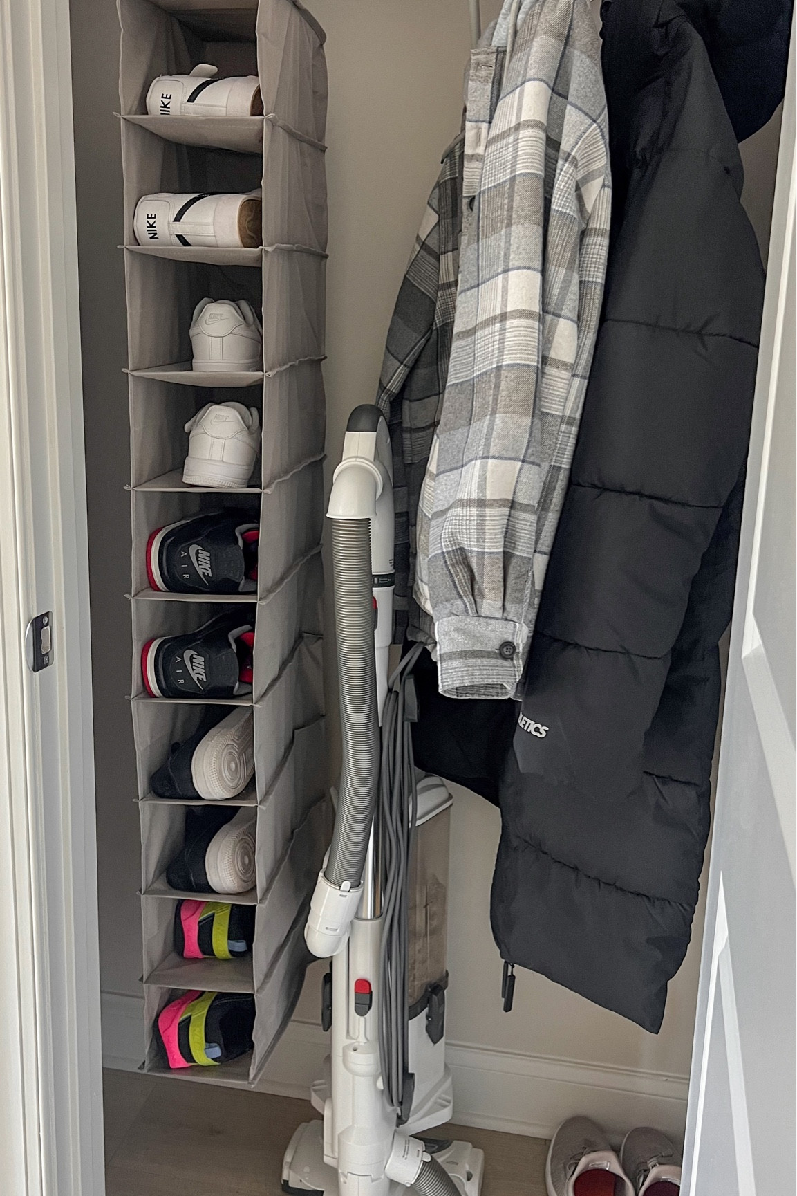 The kids got new shoes for Christmas and didn’t want to keep them in the garage next to their outdoor shoes. This hanging shoe storage was the perfect solution for our hallway closet! #hallway #closet #shoe #shoestorage 

#LTKFamily #LTKHome #LTKKids