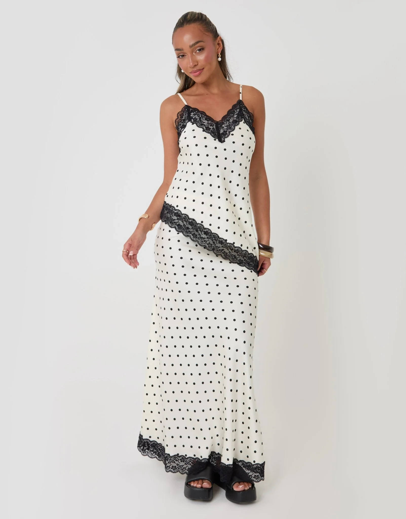 Satin Lace Trim Maxi Skirt in Cream Polka Dot | Threadbare UK