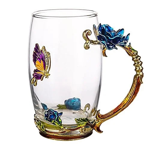 tiang glass tea cup, 12oz lead free handmade enamel butterfly and blue rose flower tea mug with h... | Walmart (US)