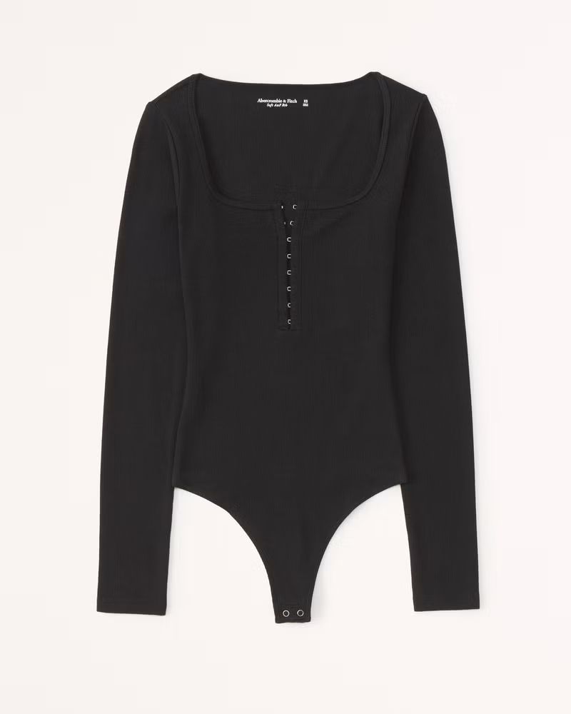Abercrombie & Fitch Women's Long Sleeve Hook-and-Eye Henley Bodysuit in Black - Size S | Abercrombie & Fitch (US)