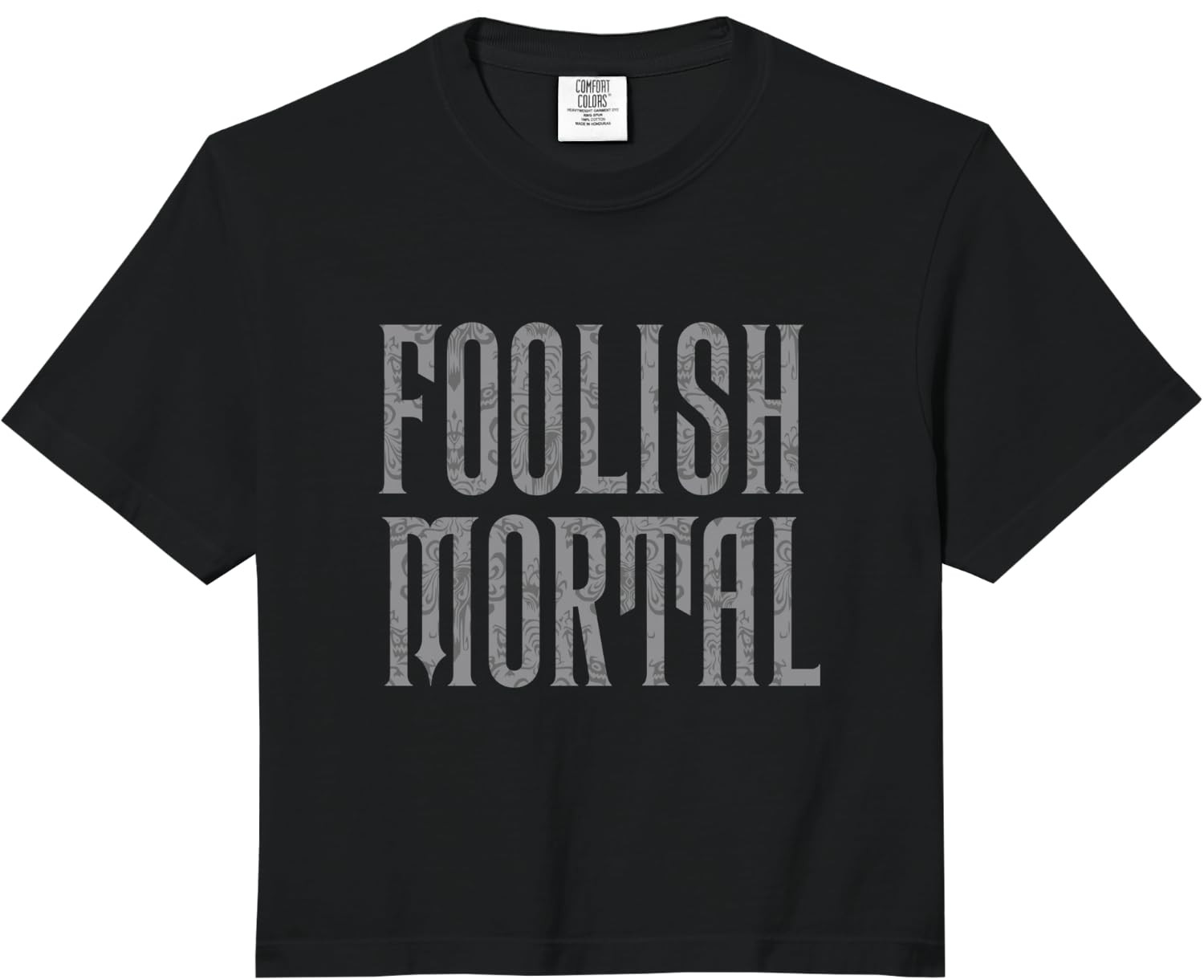 The Haunted Mansion Foolish Mortal Patterned Text Logo Comfort Colors Crop Top | Amazon (US)