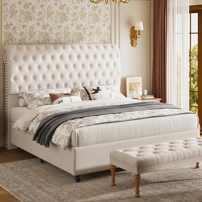 Jocisland Queen Bed Frame with Headboard, Velvet Sleigh Bed with Button Tufted 52.8" Tall Upholst... | Amazon (US)