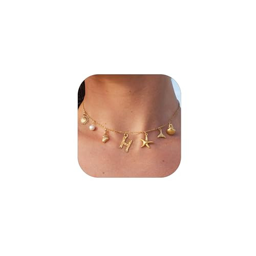 SLOONG Initial Charm Necklace for Women, Beach Pendant 14K Gold Plated Letter Neckalces Freshwate... | Amazon (US)