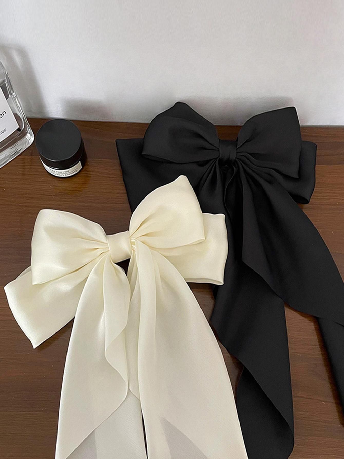 2pcs/set Women Ladies' Black & White Long Ribbon Bow Hair Clips | SHEIN