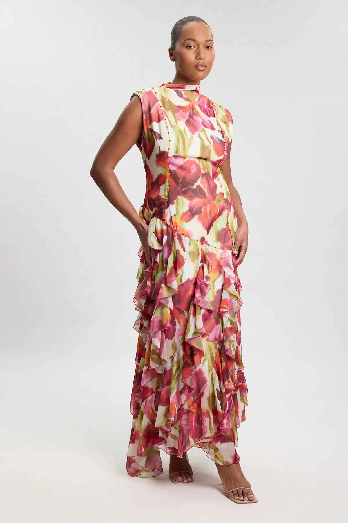 Floral Plus Size Crinkle Floral Print Beaded High Neck Maxi Dress | Karen Millen | Karen Millen