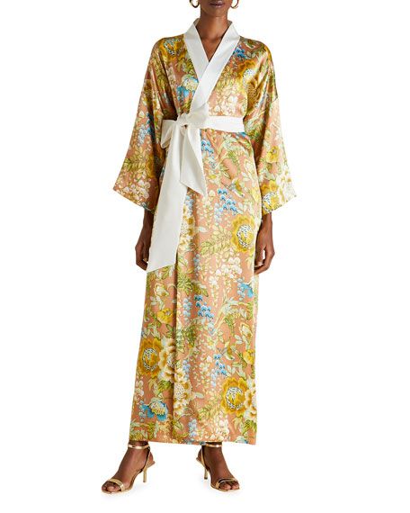 Olivia Von Halle Queenie Floral Print Long Kimono Robe | Neiman Marcus
