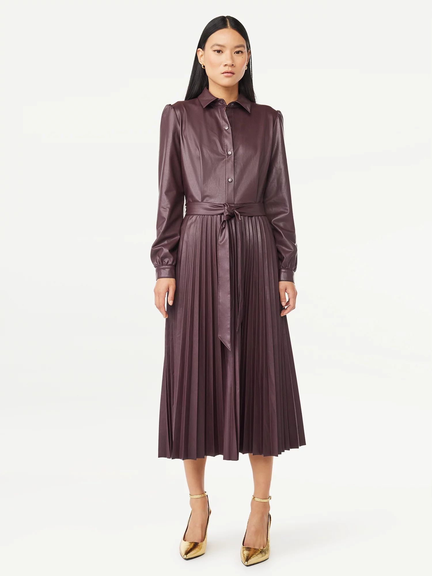 Scoop Women's Faux Leather Pleated Midi Dress, Sizes XS-XXL | Walmart (US)
