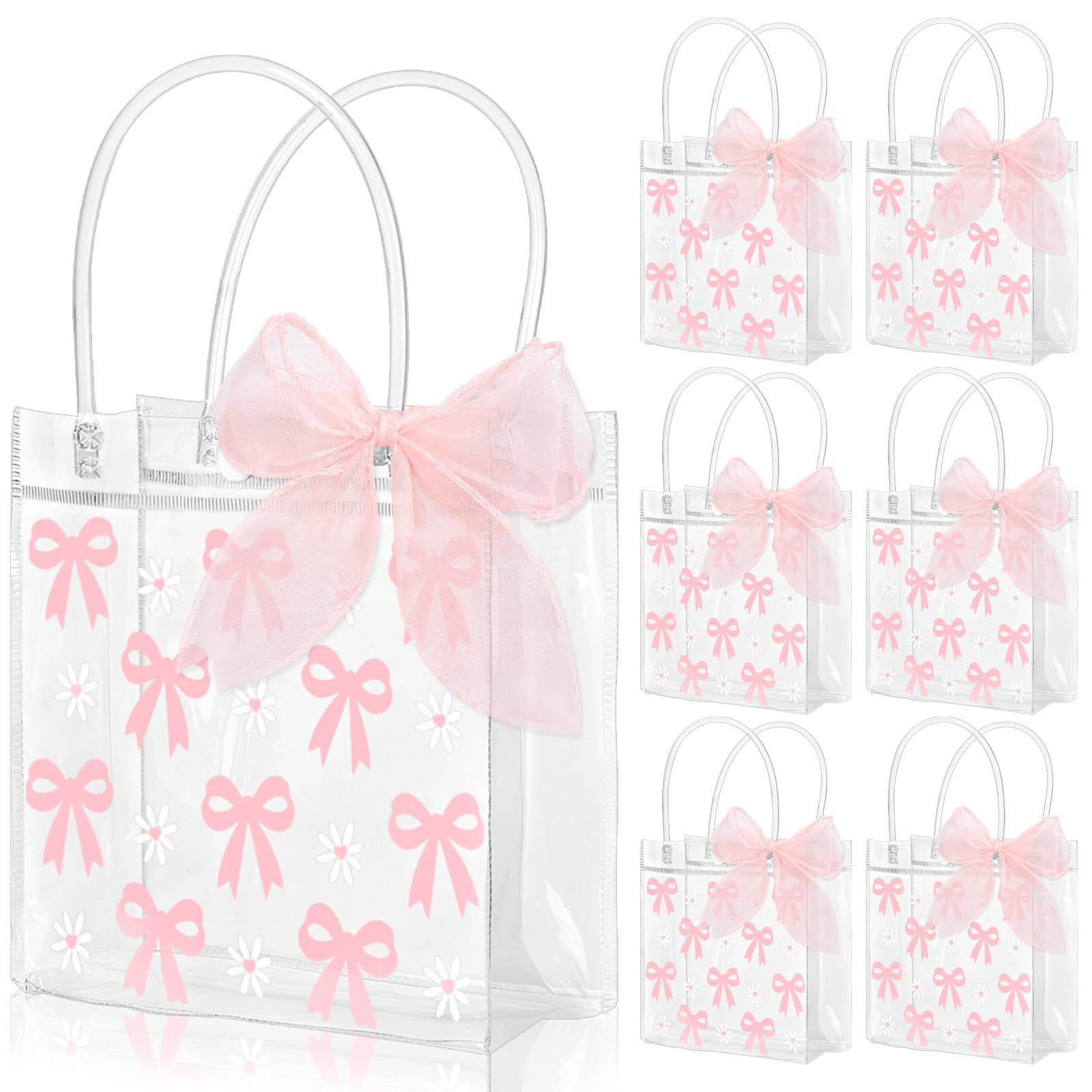 Whaline 12Pcs Pink Bow Clear PVC Gift Bags with Handle Ribbon Pink Coquette Bowknot Daisy Flower ... | Amazon (US)