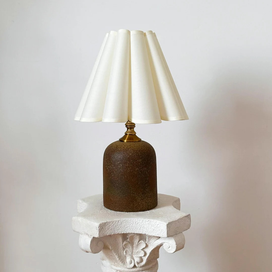 Handmade Vintage Brown Stoneware Table Lamp 110-240v, Pleated Scallop Tall Cream Petal Shade, Bed... | Etsy (US)