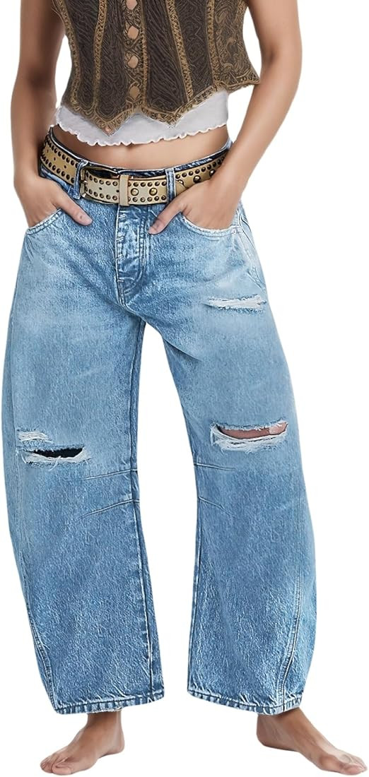 LifeShe Wide Leg Distressed Jeans for Women Baggy Ripped Jeans Low Waist Barrel Boyfriend Denim P... | Amazon (US)