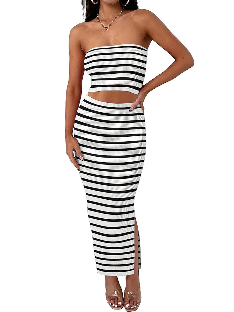 ANRABESS Women 2 Piece Outfits Maxi Skirt Sets 2025 Summer Ribbed Knit Tube Crop Tops Sexy Bodyco... | Amazon (US)