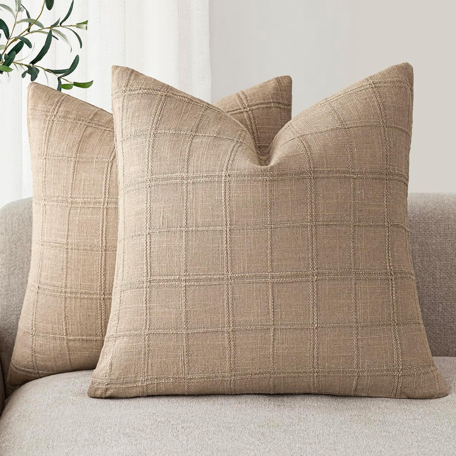 Foindtower Boho Linen Check Decorative Throw Pillow Covers 20×20 Inch,Camel | Amazon (US)