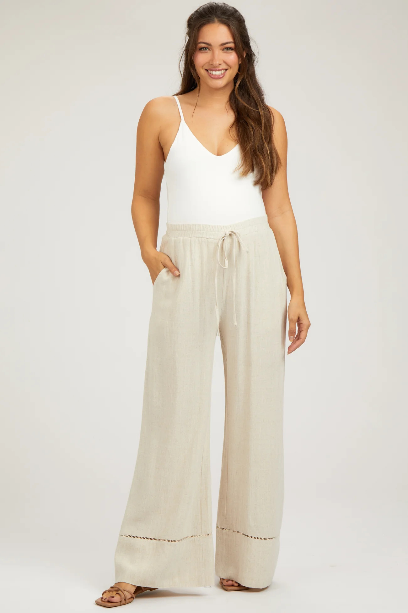 Beige Linen Wide Leg Lace Trim Maternity Pants | PinkBlush Maternity