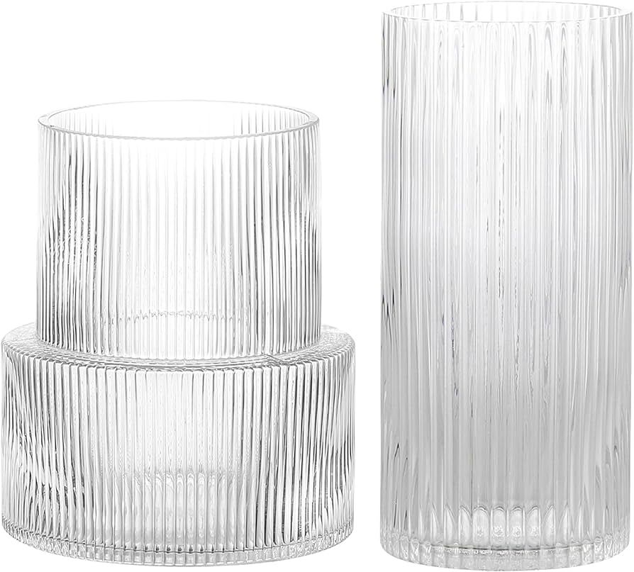 YANWE1 Clear Glass Vase, Ribbed Vase, Fluted Glass Vase, Flower Vase, Modern Vase for Centerpiece... | Amazon (US)