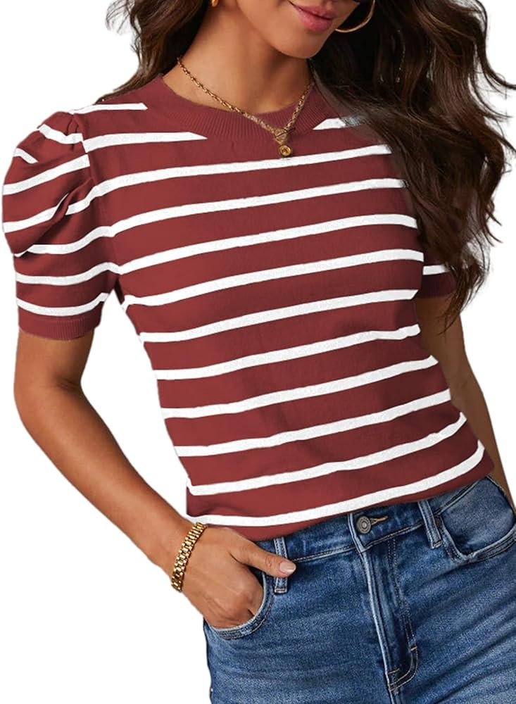 Dokotoo Women's Short Puff Sleeve Knit Tops 2025 Trendy Crewneck Striped T Shirts Casual Summer B... | Amazon (US)