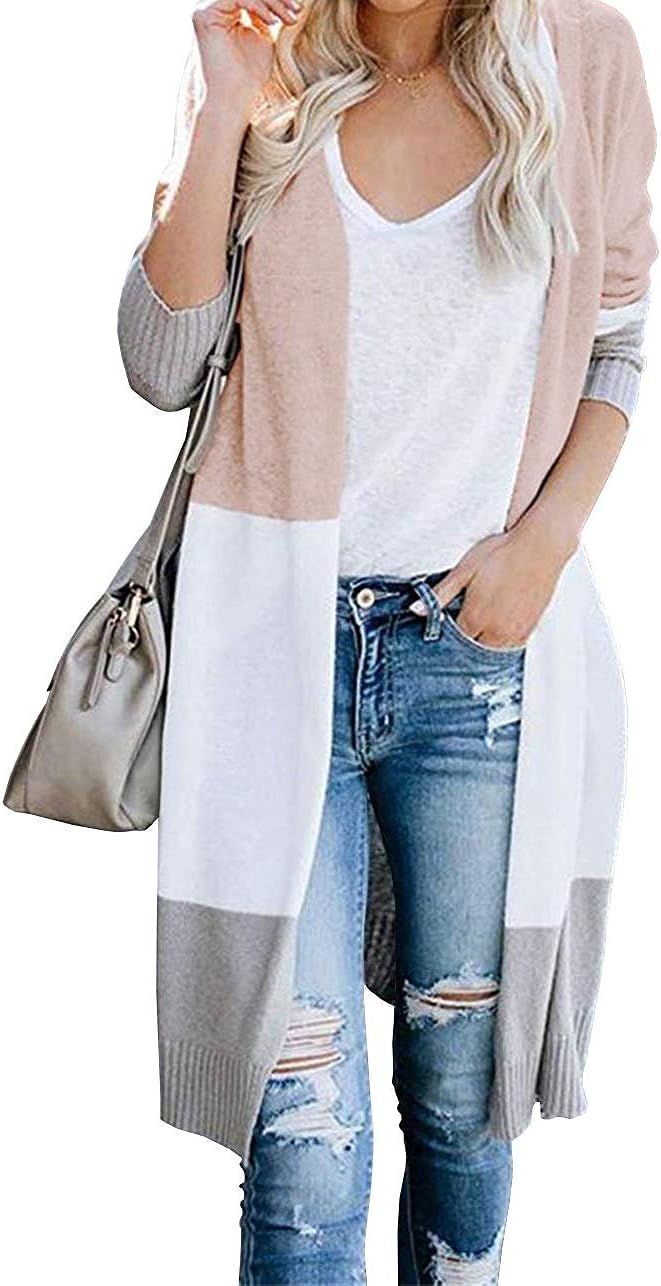 KIRUNDO Women’s Open Front Long Cardigan Strip Color Block Long Sleeves Lightweight Knit Fall O... | Amazon (US)