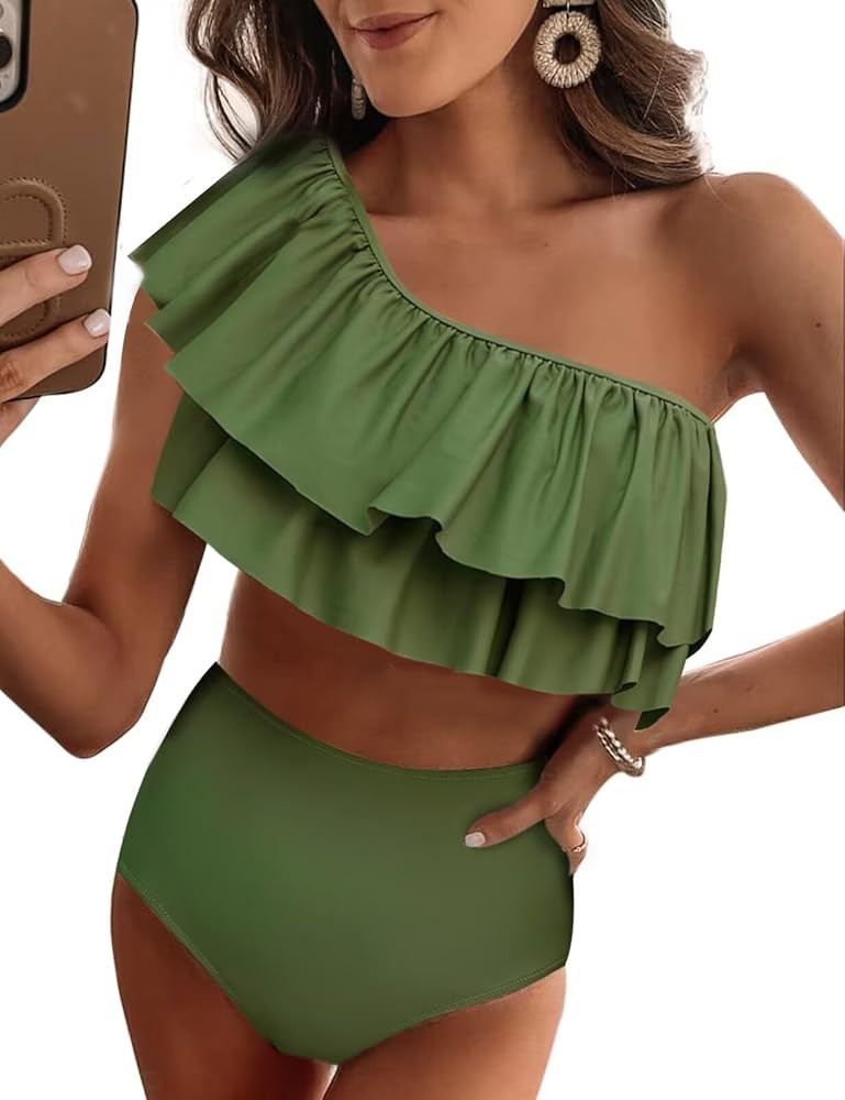 VIMPUNEC Ruffle One Shoulder Swimsuits for Women Striped High Waisted Two Piece Bathing Suits | Amazon (US)