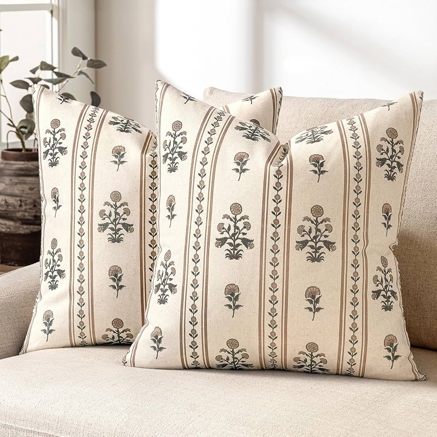 Decorative Vintage Striped Floral Throw Pillow Covers 22x22 Inch Set of 2 Brown Farmhouse Boho Bo... | Amazon (US)