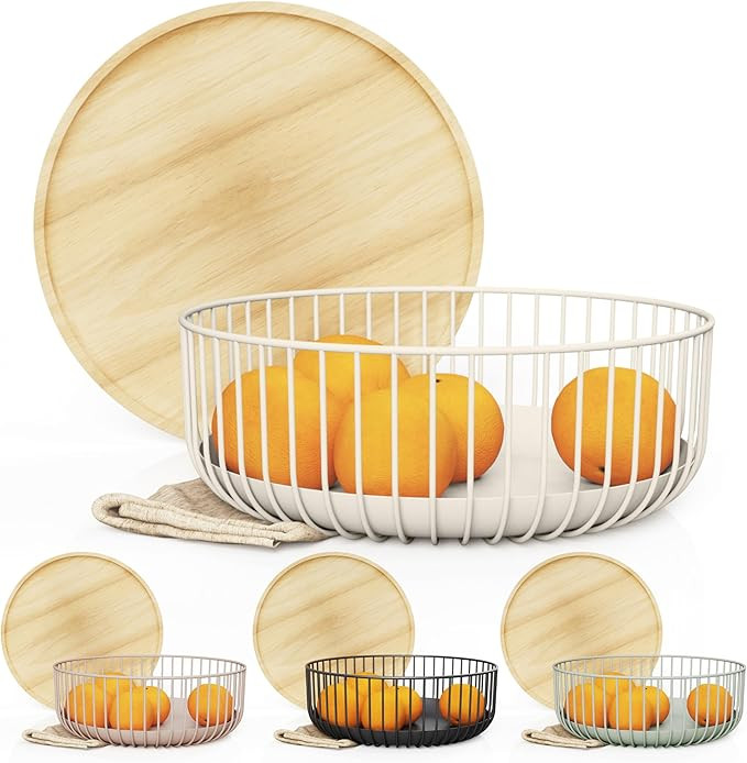Fruit Basket for Kitchen - Multi-Purpose Stackable Basket with Wooden Lid - Powder Coated Metal a... | Amazon (US)