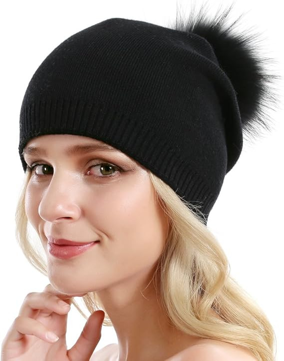 Women Knit Wool Beanie - Winter Fashion Solid Wool Hats Real Removable Raccoon Fur Pom Pom Warm S... | Amazon (US)