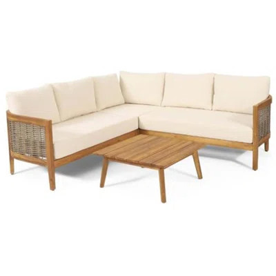 4-Piece Outdoor Acacia Wood Sofa Conversation Set With Water-Repellent Cushions And PE Wicker, For Patio And Garden | Wayfair North America